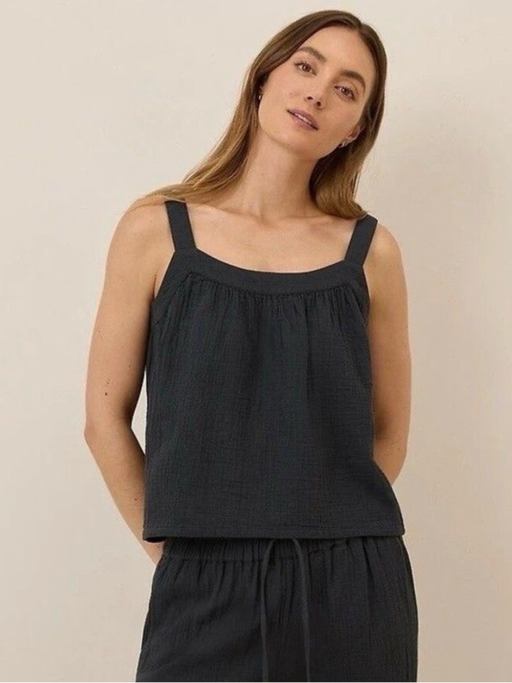 Pact Coastal Double Gauze Breezy Cami Tank Top Small 100% Organic Cotton Black